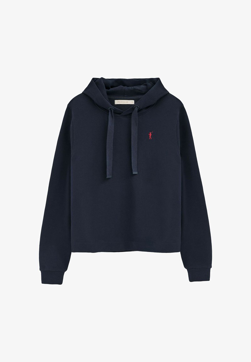 Hoodie bleu marine à manches longues, cordons de serrage à l'avant, poignets côtelés, petit logo brodé rouge représentant un joueur de polo sur la poitrine.