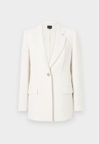 Blazer blanc en tissu lisse. Présente un col cranté, une fermeture à un bouton, deux poches avant et une coupe ajustée.
