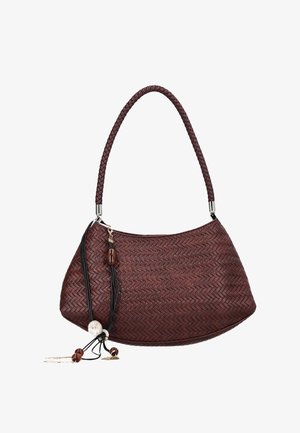 Brown woven leather handbag with braided handle and decorative tassels featuring beads and rings hanging from one side.