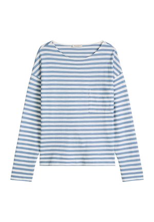 Chemise à manches longues avec rayures horizontales bleu clair et blanches, encolure ronde et petite poche sur le côté gauche de la poitrine.