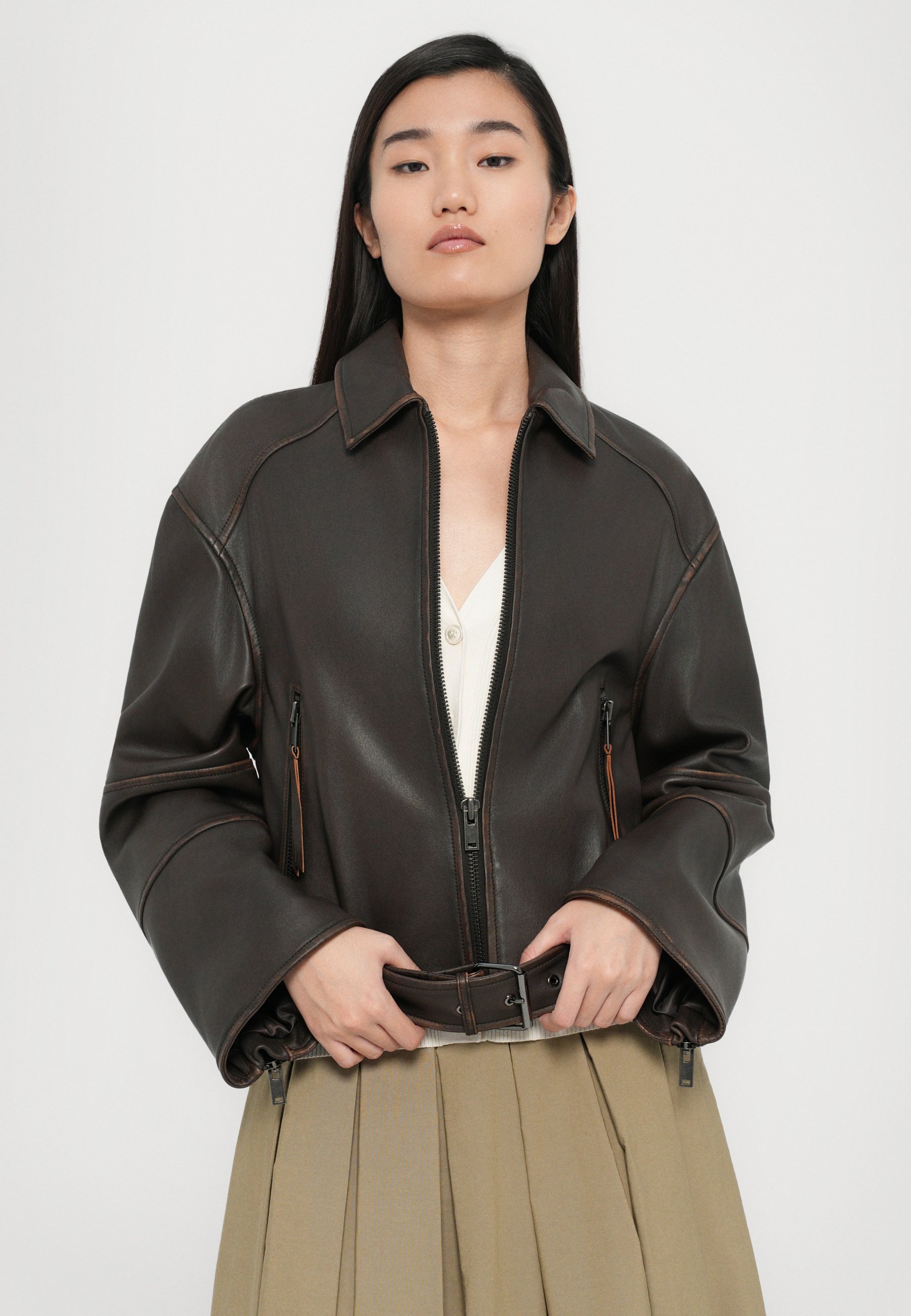 Weekend Max Mara EGIZIO - Leather jacket - marrone scuro/brown