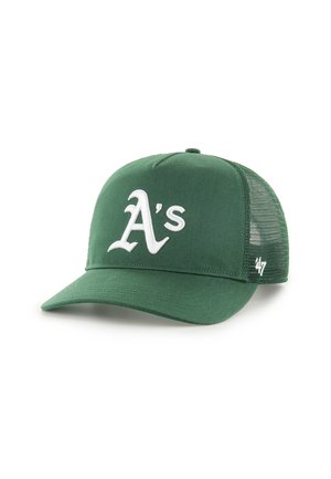 Zelena kapa s čvrstim prednjim dijelom od tkanine, mrežastom poleđinom i bijelom izvezom logotipa "A's". Podesivi remen straga, zakrivljeni vizir.