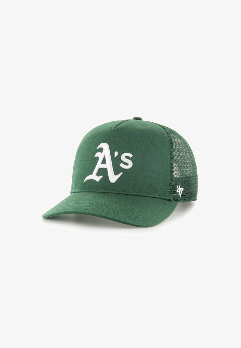 Green cap with a solid fabric front, mesh back, and a white embroidered "A's" logo. Adjustable strap at the back, curved visor.