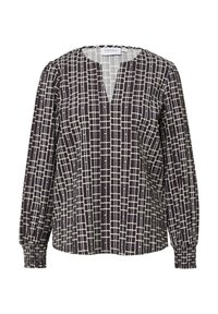 Langärmlige Bluse in Dunkelblau mit weißem Karomuster, mit V-Ausschnitt und elastischen Bündchen für eine taillierte Passform. Weicher, leichter Stoff.