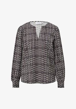 Langärmlige Bluse in Dunkelblau mit weißem Karomuster, mit V-Ausschnitt und elastischen Bündchen für eine taillierte Passform. Weicher, leichter Stoff.