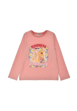T-shirt a maniche lunghe rosa a righe con una grafica di un cavallo, margherite e farfalle, e il testo "La gentilezza cambia tutto."