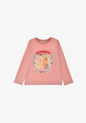 Langärmliges T-Shirt mit pinken Streifen, das ein Pferde-Graphic mit Gänseblümchen und Schmetterlingen sowie den Text "Freundlichkeit verändert alles" zeigt.