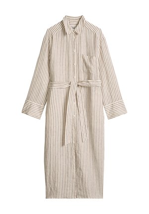 Beiges Midi-Hemdkleid mit langen Ärmeln, vertikalen braunen Streifen, vorderen Knöpfen, Brusttasche und selbstgebundenem Gürtel in der Taille.