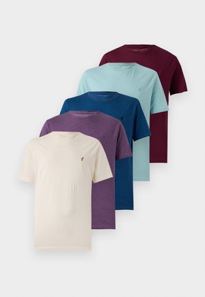 Five crew-neck t-shirts in various colors: beige, purple, teal, blue, and burgundy. Each has a small logo on the left chest. Cotton fabric.