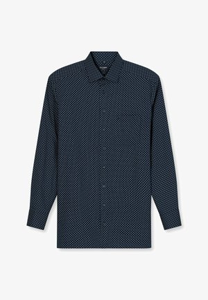 Marinefarbener Langarmshirt mit einem geometrischen weißen Muster, Knopfleiste, spitzem Kragen und geknöpften Manschetten, gefertigt aus einem glatten Stoff.