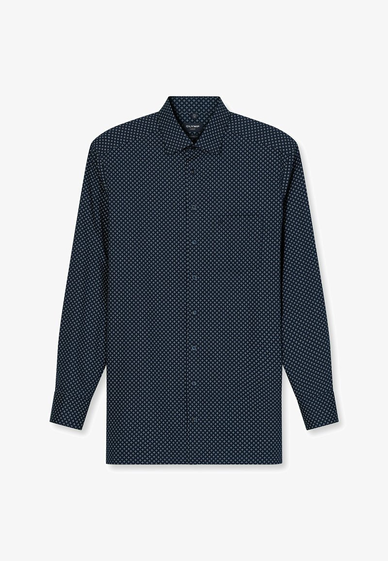 Marinefarbener Langarmshirt mit einem geometrischen weißen Muster, Knopfleiste, spitzem Kragen und geknöpften Manschetten, gefertigt aus einem glatten Stoff.