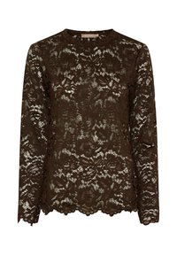 Brun blonde langærmet top med blomsterprint, bølget kant og rund halsudskæring. Halvgennemsigtig tekstur med indviklede detaljer.