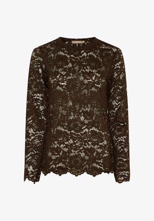 Brun blonde langærmet top med blomsterprint, bølget kant og rund halsudskæring. Halvgennemsigtig tekstur med indviklede detaljer.