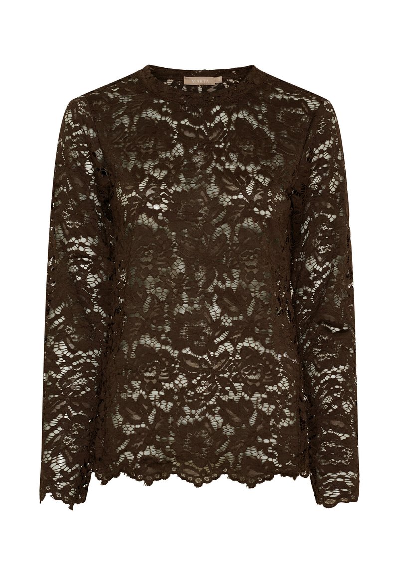 Brun blonde langærmet top med blomsterprint, bølget kant og rund halsudskæring. Halvgennemsigtig tekstur med indviklede detaljer.