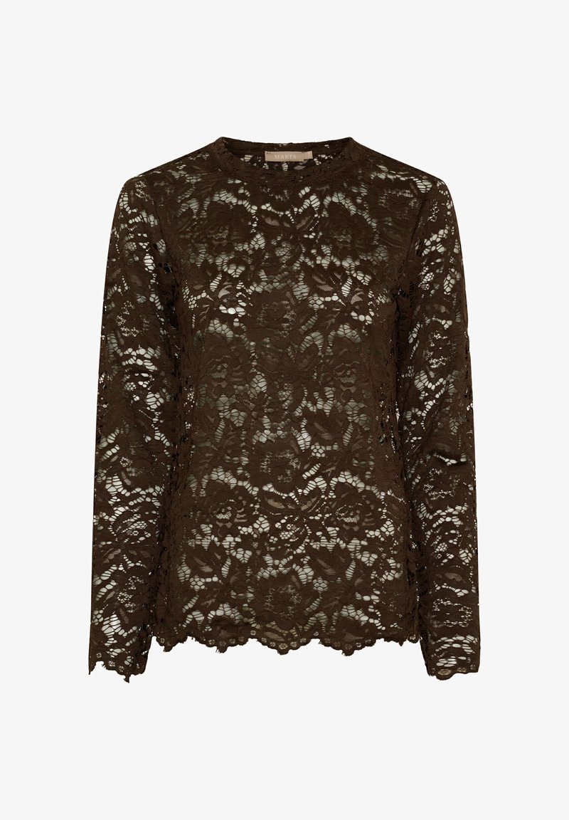 Brun blonde langærmet top med blomsterprint, bølget kant og rund halsudskæring. Halvgennemsigtig tekstur med indviklede detaljer.