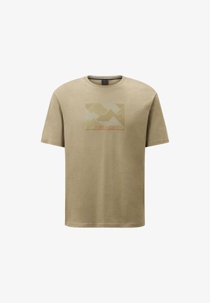 Olive green cotton t-shirt with short sleeves, featuring a mountain graphic in light brown and a red "FIRE+ICE" text at the bottom.