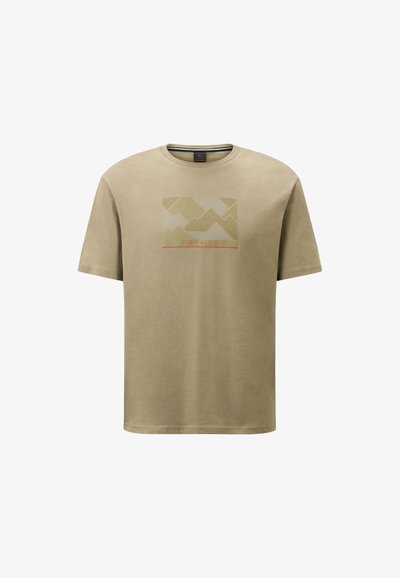 Olive green cotton t-shirt with short sleeves, featuring a mountain graphic in light brown and a red "FIRE+ICE" text at the bottom.