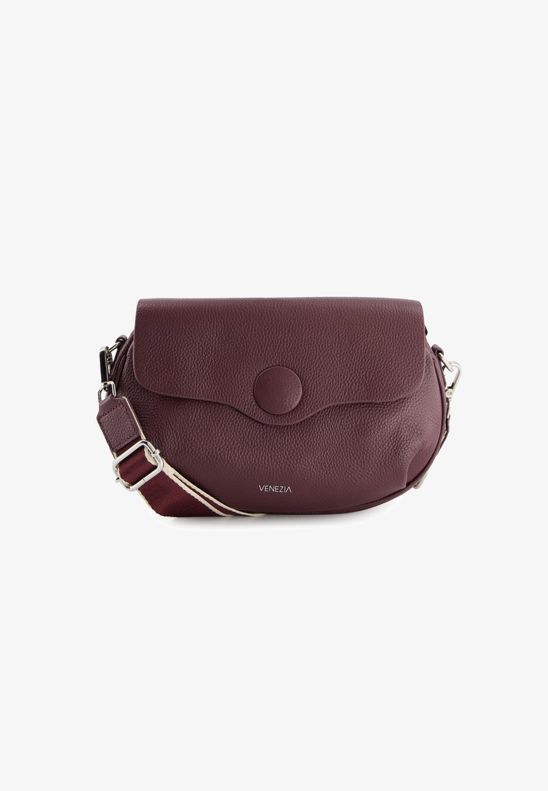 Burgundy leather crossbody bag with a rounded flap, textured finish, logo detail, and a detachable strap featuring red and cream stripes.