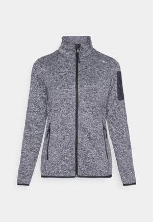 Fleecejacke in Dunkelgrau mit strukturiertem Muster, hohem Kragen, frontalem Reißverschluss, seitlichen Taschen und einer Reißverschlusstasche am Arm.