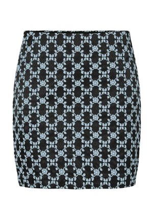 Svart skjørt med blomstermønster i lys blå blonder, over kneet, med glatt tekstur og solid linning.