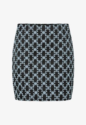 Czarna spódnica z kwiatowym wzorem koronkowym w jasnoniebieskim kolorze, długość nad kolano, gładka w dotyku z jednolitym pasem w talii.