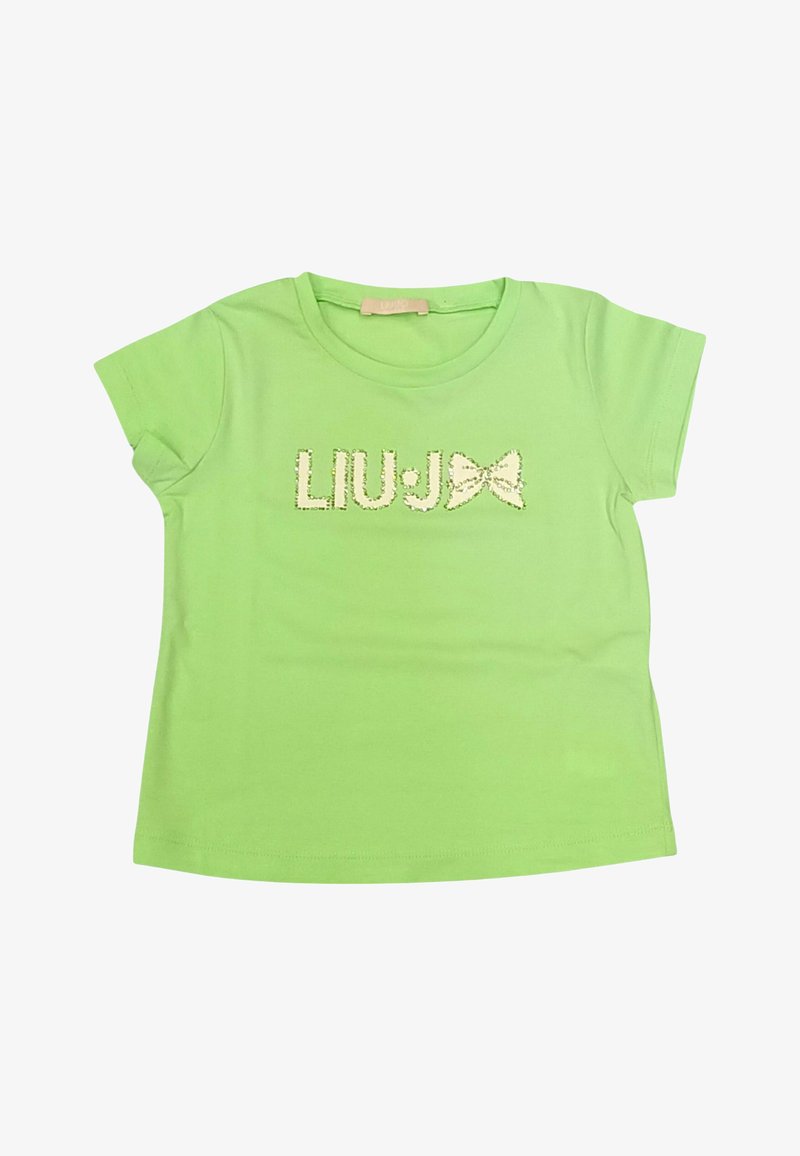 T-shirt verde a maniche corte con il testo "LIU.J" in paillettes e un dettaglio a fiocco sul davanti. Tessuto morbido con scollatura rotonda.