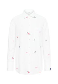 Fehér, hosszú ujjú gombos ing, gallérral, kicsi, hímzett rózsaszín szívvel, virágokkal és a "oui" szóval szétszórva az anyagon.