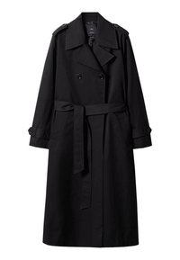 Trench-coat long noir avec boutons croisés, large col, taille ceinturée, épaulettes et poignets boutonnés.