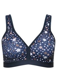 Marinblå bralette med ett mönster av stjärnor och prickar i vitt, rosa och brunt. Har breda band och en slät textur, med design i V-ringning.