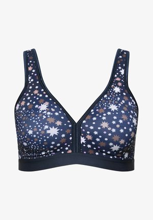Laivaston sininen bralette, jossa on tähtien ja pisteiden kuvio valkoisena, vaaleanpunaisena ja ruskeana. Ominaisuuksiin kuuluvat leveät hihnat ja sileä pinta, sekä V-mallinen kaula-aukko.