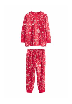 Rødt pyjamasæt med lange ærmer og bukser med hvide festlige juletegninger og tekst som "Ho! Ho! Ho!" og "Jolly Vibes."