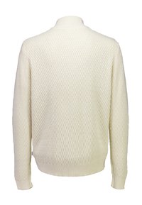 Sweter w kolorze kremowym, wykonany na drutach, z teksturowanym wzorem w romby, z długimi rękawami oraz ściągaczami przy mankietach i u dołu, pokazany od tyłu.