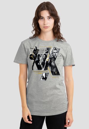 Gray cotton t-shirt featuring a graphic design with black-and-white character images and gold accents, showcasing the "Thunderbolts" theme.
