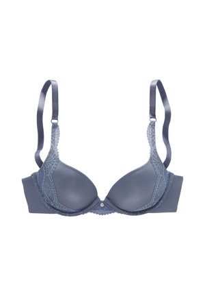 Blue padded bra with lace trim along cups and adjustable shoulder straps, displayed on a white background.
