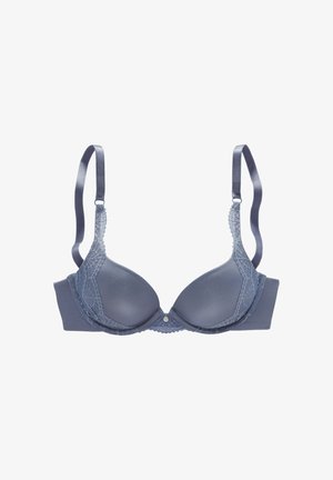 Blue padded bra with lace trim along cups and adjustable shoulder straps, displayed on a white background.