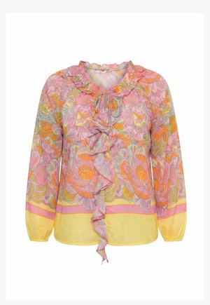 Langærmet bluse med blomsterprint i pink, orange og gul, med rynket krave og front samt elastiske manchetter.