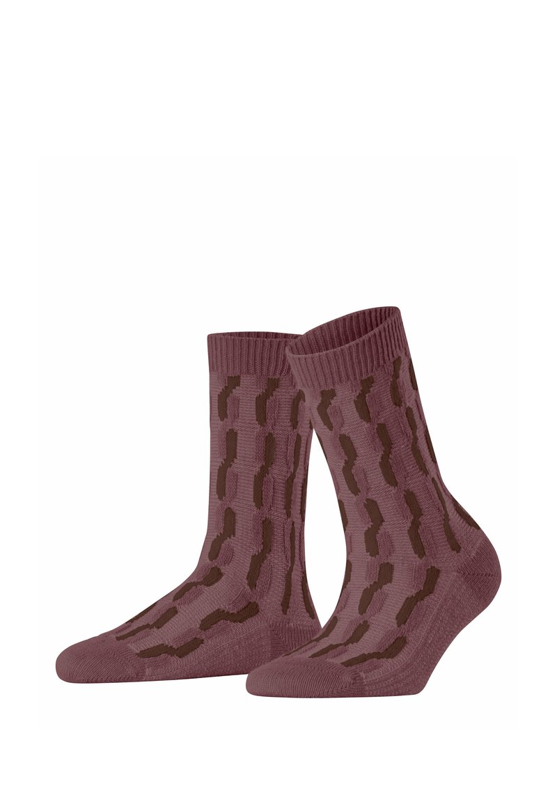 Strümpfe in Mauve mit einem strukturierten Muster aus dunkelbraunen, langen Formen, ausgestattet mit gerippten Bündchen, in der mittleren Wadenlänge und verstärkten Sohlen.