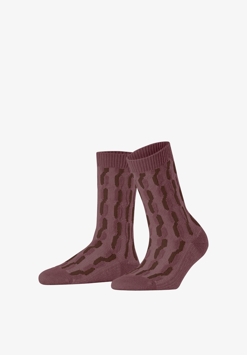 Strümpfe in Mauve mit einem strukturierten Muster aus dunkelbraunen, langen Formen, ausgestattet mit gerippten Bündchen, in der mittleren Wadenlänge und verstärkten Sohlen.