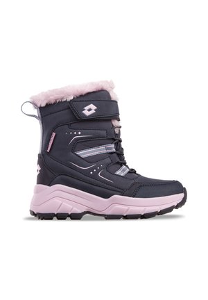 Black and pink winter boot with fur lining, Velcro strap, laces, and thick textured sole designed for cold weather and outdoor use.