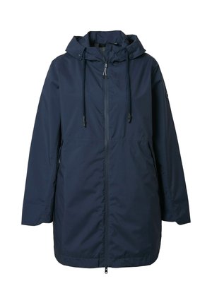Donkerblauwe regenjas met capuchon, ritssluiting aan de voorkant, verstelbare trekkoorden, lange mouwen en zijzakken, geschikt voor nat weer.