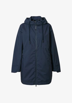 Marineblauer Kapuzen-Regenmantel mit Frontreißverschluss, verstellbaren Kordeln, langen Ärmeln und Seitentaschen, geeignet für nasses Wetter.