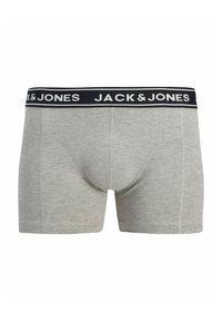 Grå bomuldsboxershorts med et tætsiddende design. Har en sort linning med hvid "JACK & JONES" tekst og kontrasterende syninger.