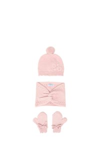 Różowa dziana czapka z pomponem, dopasowany skręcony komin i rękawiczki z kokardkami. Miękka faktura i kwiatowa haft na czapce.