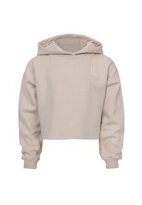 Verkorte hoodie in lichtbeige, gemaakt van een zachte katoenmix. Bevat een voorzak met een kangoeroe ontwerp, ribgebreide manchetten en een geborduurd logo op de borst.