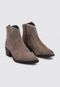 Bottines en suède taupe avec un bout pointu, fermeture éclair sur le côté et petit talon bloc ; dotées de coutures contrastées et d'une texture douce.