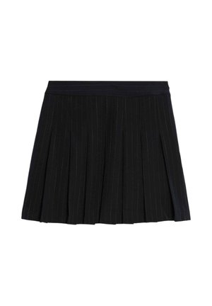 Schwarzer plissierter Rock mit feinen vertikalen Streifen, einem schlichten Taillenbund und einer strukturierten Stoffoberfläche. Klassischer Schnitt, der für verschiedene Anlässe geeignet ist.