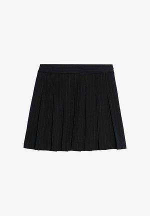 Schwarzer plissierter Rock mit feinen vertikalen Streifen, einem schlichten Taillenbund und einer strukturierten Stoffoberfläche. Klassischer Schnitt, der für verschiedene Anlässe geeignet ist.