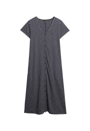 Mørkeblå og hvidstribet kjole med korte ærmer, V-hals og knaplukning foran. Fremstillet af blødt stof, der fremhæver en afslappet pasform.