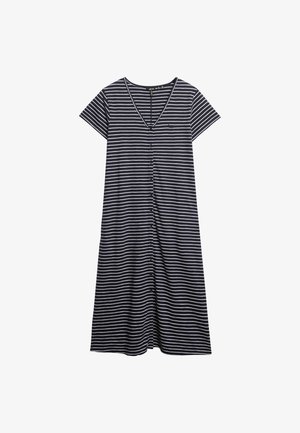 Mørkeblå og hvidstribet kjole med korte ærmer, V-hals og knaplukning foran. Fremstillet af blødt stof, der fremhæver en afslappet pasform.