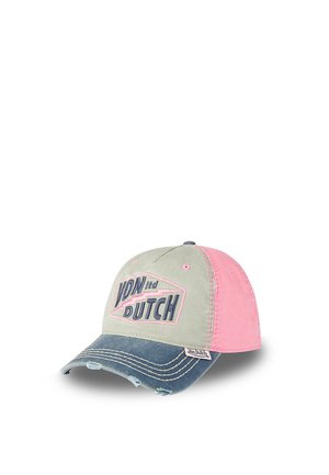Gorra de béisbol con lados rosas, panel frontal gris, visera azul desgastada y logotipo "Von Dutch" bordado en la parte frontal y en la etiqueta.